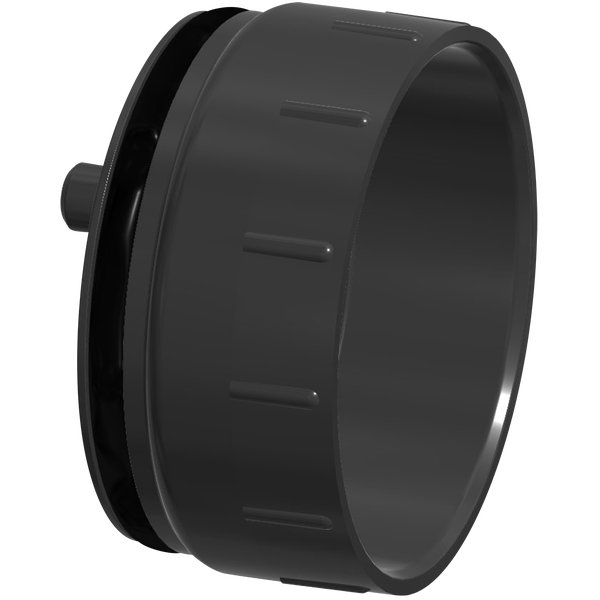 Schwarze PVC-Endkappe mit geriffeltem Rand für Rohrverbindungen aus Kunststoff.