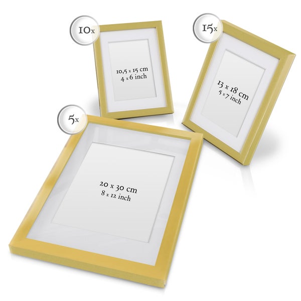Set aus verschieden großen Bilderrahmen mit Passepartout in unterschiedlichen Formaten inklusive Mengenangaben.