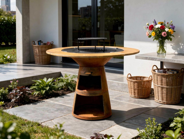 Szene im Freien mit Feuerstelle mit Grillring, Holzbaskets und Blumenstrauß