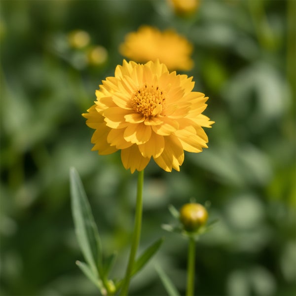 Gelbe Blüte des Mädchenauges Coreopsis mit grünem Stängel und Blättern.