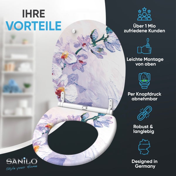 Sanilo WC-Sitz mit floralem Muster und Auflistung der Vorteile wie leichte Montage von oben und Abnehmbarkeit per Knopfdruck.