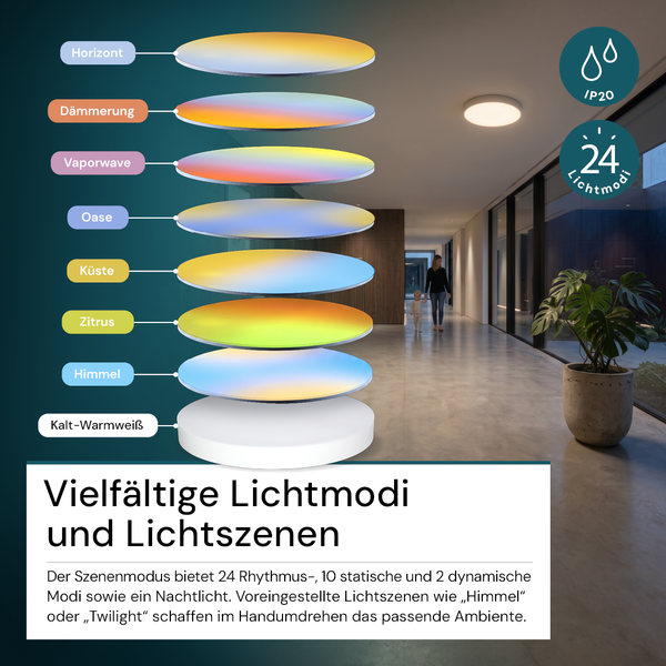 LED Deckenleuchte mit 24 Lichtmodi und Szenensteuerung für die Innenbeleuchtung in einem modernen Flur mit Schutzart IP20.