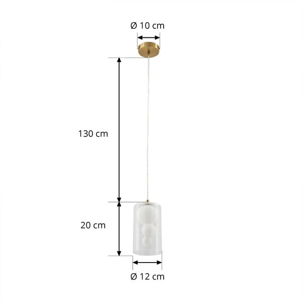 Zylindrische Hängeleuchte, goldfarbener Baldachin. Maße: Durchmesser 10 und 12 Zentimeter, Höhe 20 Zentimeter, Kabellänge 130 Zentimeter.