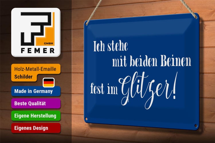 Blechschild Spruch 30x20cm ich stehe mit fest im Glitzer