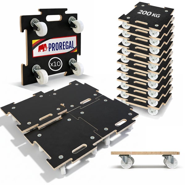 Proregal Logo. Set aus 10 koppelbaren Transportrollern, Tragkraft 200 Kilogramm, Sperrholzplatte mit vier Lenkrollen und Tragegriff.