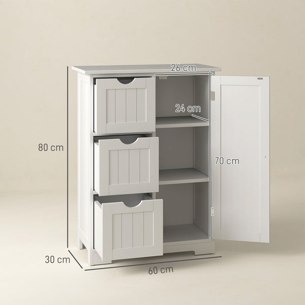 HOMCOM Badezimmerschrank Beistellschrank mit 3 Schubladen, Badschrank mit Verstellbarem Regal, für Badezimmer, Wohnzimmer 60 x 30 x 80 cm Weiß