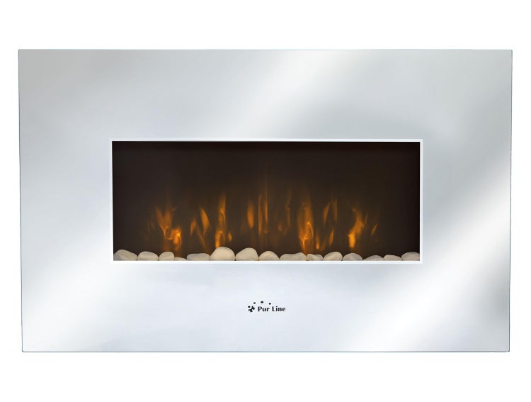 Elektrischer Wandkamin mit Steinen und Pur Line Logo