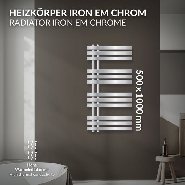 ECD Germany Iron EM Design Badheizkörper - 500 x 1000 mm - Chrom - Designheizkörper Paneelheizkörper Heizkörper Handtuchwärmer Handtuchtrockner Heizung Radiator