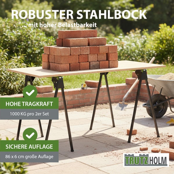 Zwei Trutzholm Stahlböcke tragen eine Holzplatte mit Ziegelsteinen. Tragkraft 1000 Kilogramm, Auflage 86 mal 6 Zentimeter. Trutzholm Logo.