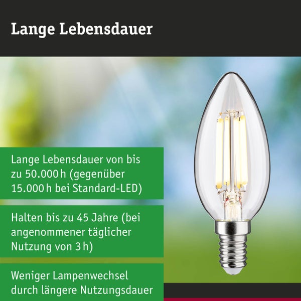 LED-Filament-Kerzenlampe E14 mit einer langen Lebensdauer von bis zu 50000 Stunden oder 45 Jahren.