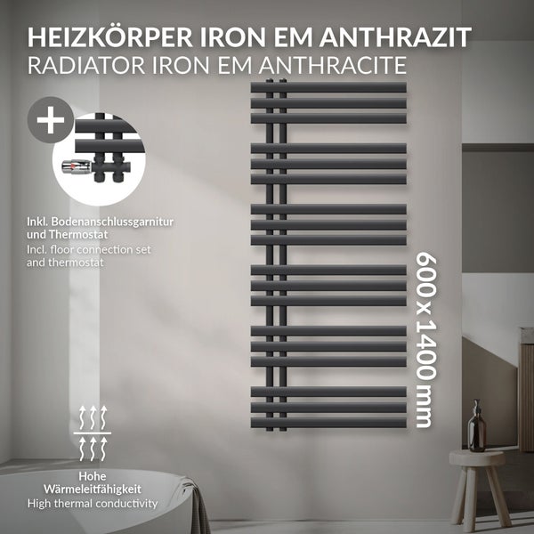 LuxeBath Badheizkörper Iron EM 600x1400 mm Anthrazit Mittelanschluss mit Anschlussgarnitur Thermostat Durchgang Boden, Design Heizkörper Bad Heizung Handtuchwärmer Handtuchtrockner Handtuchheizkörper