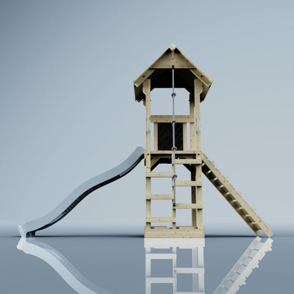 Spielturm aus Holz mit Rutsche, Kletterwand und Strickleiter