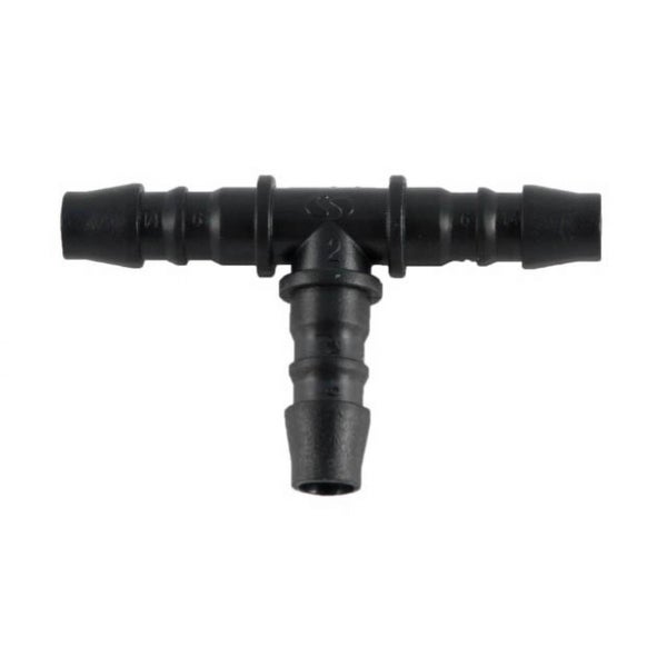 T-Stück Schlauchverbinder aus Kunststoff mit Schlauchtüllen für Bewässerungssysteme.