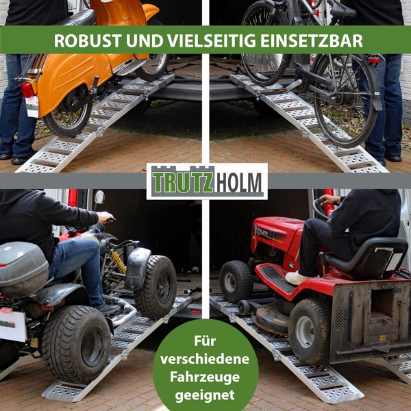 Vierfachansicht von Motorrollern, Fahrrädern, Quads und Rasenmähern, die auf Aluminiumrampen verladen werden. Logo von TrutzHolm.