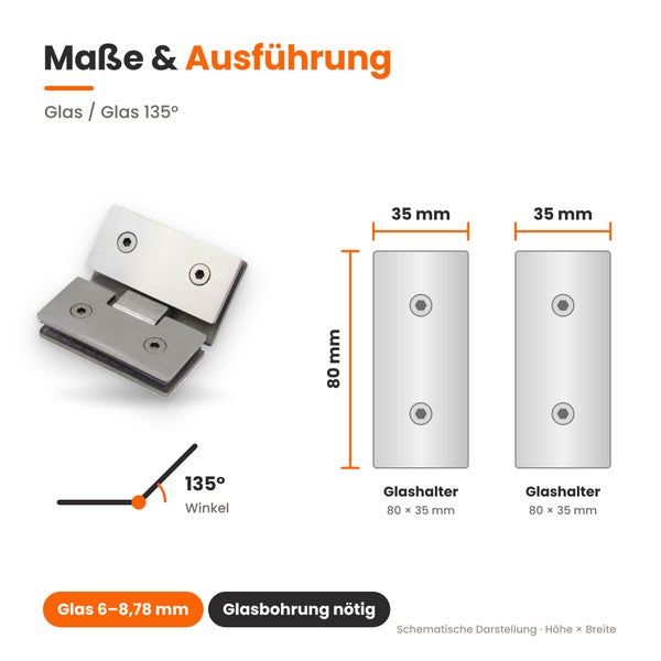 Technische Zeichnung eines Glasverbinders für Glasdicken von 6 bis 8,78 Millimeter mit 135 Grad Winkel und den Maßen 80 mal 35 Millimeter.