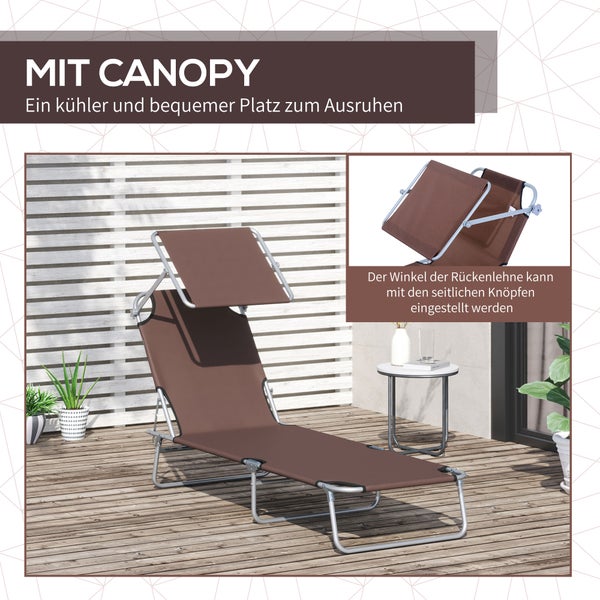 Outsunny Sonnenliege, klappbar, mit Sonnenschutz, 187 x 58 x 36 cm, Metall, Oxford-Gewebe, Braun