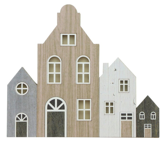 FRANK FLECHTWAREN | LED-Hänger Häuser, 30 x 1 x 30 cm, HOLZ, METALL, KUNSTSTOFF,