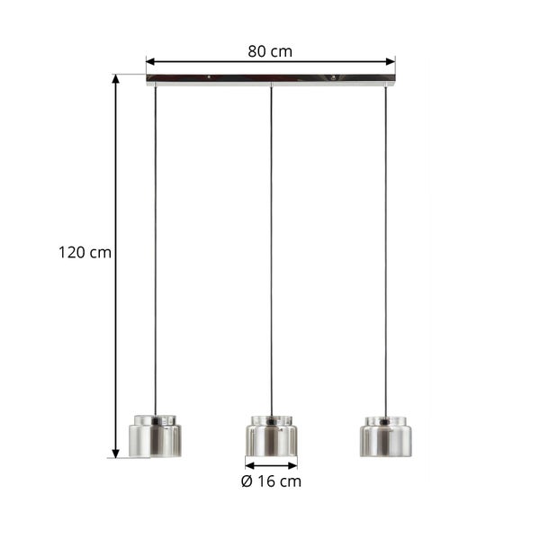 Pendelleuchte mit drei Glasschirmen. Maße: Breite 80 Zentimeter, Gesamthöhe 120 Zentimeter, Durchmesser der Schirme 16 Zentimeter.