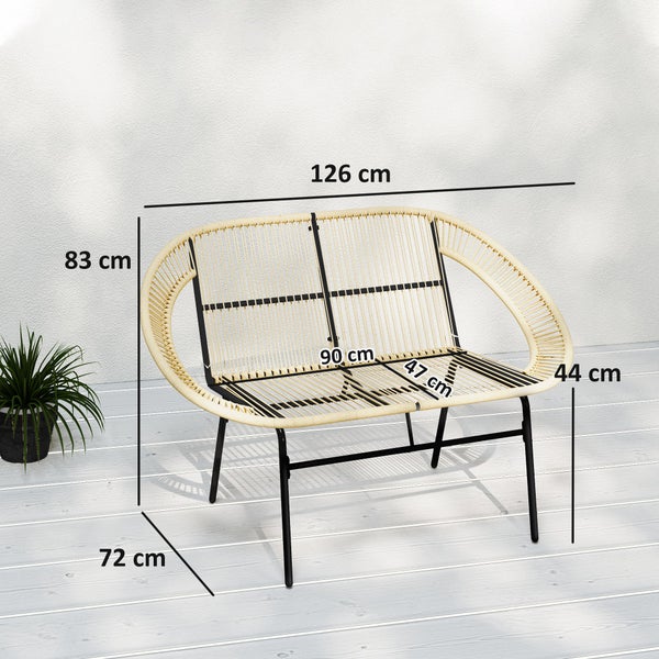 Outsunny 2-Sitzer Gartenbank Polyrattan, wetterfest Sitzbank im Rattanflecht-Design, UV-Beständig Gartenmöbel mit Rückenlehnen, Parkbank 260kg belastbar, für Balkon Terrasse, Garten 126x72x83cm, Khaki