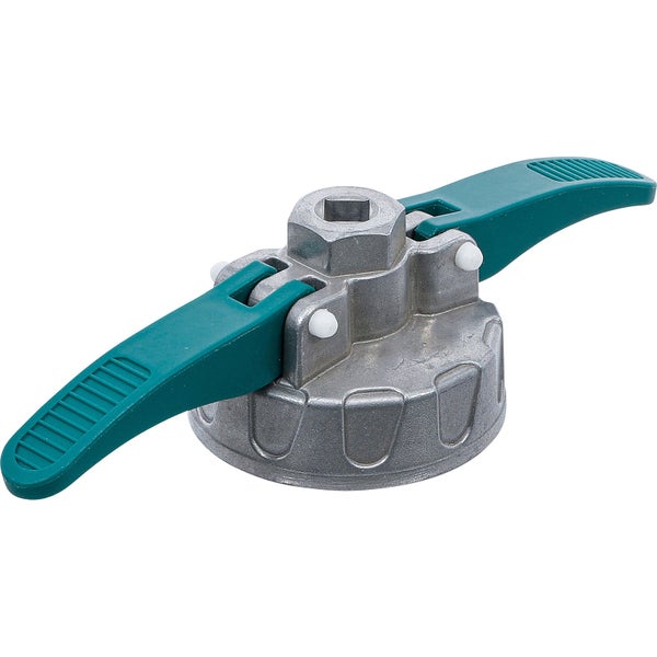 Ölfilterschlüssel aus Metall mit zwei grünen Handgriffen, 64 Millimeter.