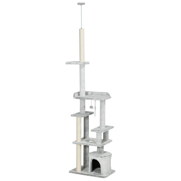 PawHut Kratzbaum, Katzenbaum Deckenhoch, Katzenkratzbaum, 225-255 cm, Kletterbaum mit Spielball, Katzenhöhle, Katzentreppe, Katzenmöbel, Hellgrau