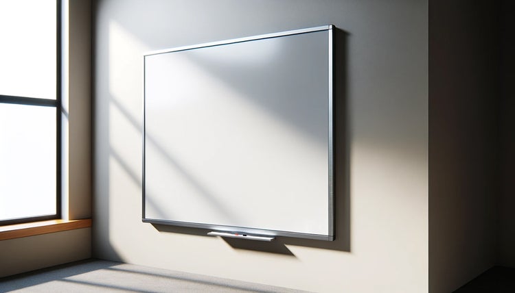 Großes Whiteboard mit Aluminiumrahmen an einer Wand in einem hellen, organisierten Büro.