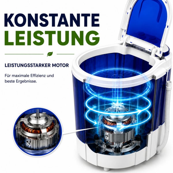 Mini-Waschmaschine mit leistungsstarkem Motor für konstante Leistung und effiziente Reinigungsergebnisse.