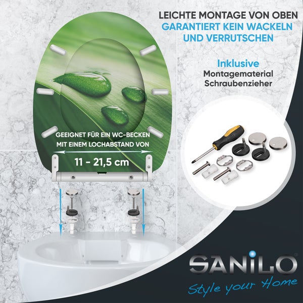 Sanilo WC-Sitz mit Blatt-Motiv, Montage von oben, inklusiv Montagematerial, für Lochabstand 11 bis 21,5 Zentimeter, Sanilo Logo.