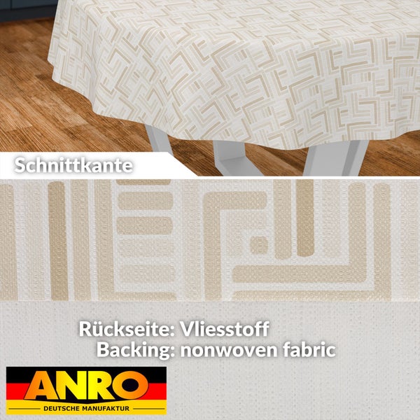 Abwaschbare Tischdecke mit geometrischem Muster, Schnittkante und Vliesstoff-Rückseite. ANRO Logo.