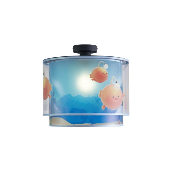 Deckenleuchte für das Kinderzimmer mit Unterwasser Motiv und orangefarbenen Anglerfischen auf blauem Grund