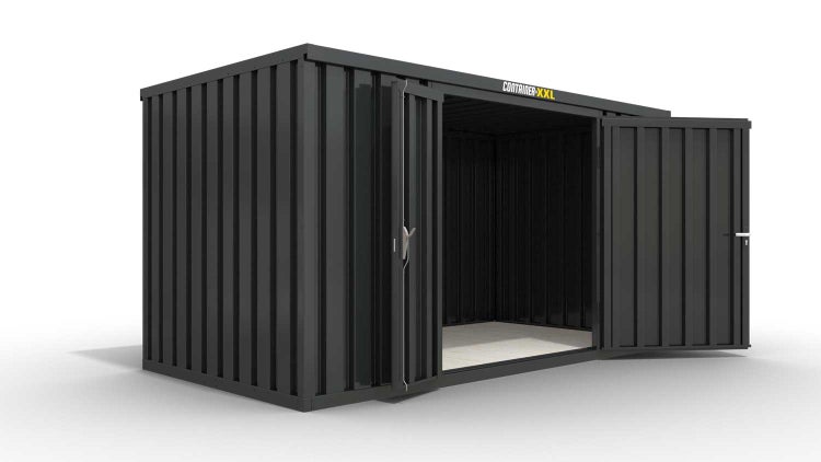 Lagercontainer Gerätehaus XL+  – 10 qm, H2532 x B5080 x T2170 mm, Außenwandlackierung anthrazit, Dach außen verzinkt, mit Holzfußboden, 1830 mm Doppelflügeltür mittig in Breitseite, Erfolgt fertig montiert