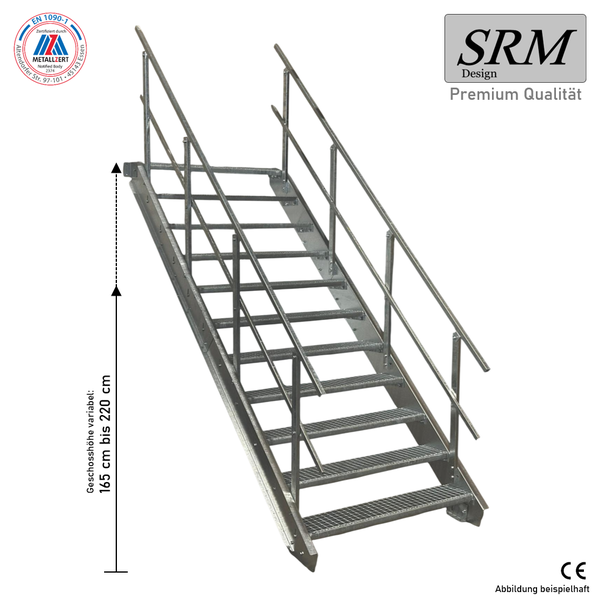 Verzinkte Stahltreppe mit beidseitigem Geländer, Höhe 165 bis 220 Zentimeter. SRM Design Logo, EN 1090-1 zertifiziert, CE-Kennzeichnung.