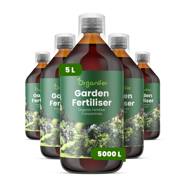 Fünf Flaschen Organifer Garten-Dünger, organisches Dünger-Konzentrat, insgesamt 5 Liter für bis zu 5000 Liter fertige Düngerlösung.