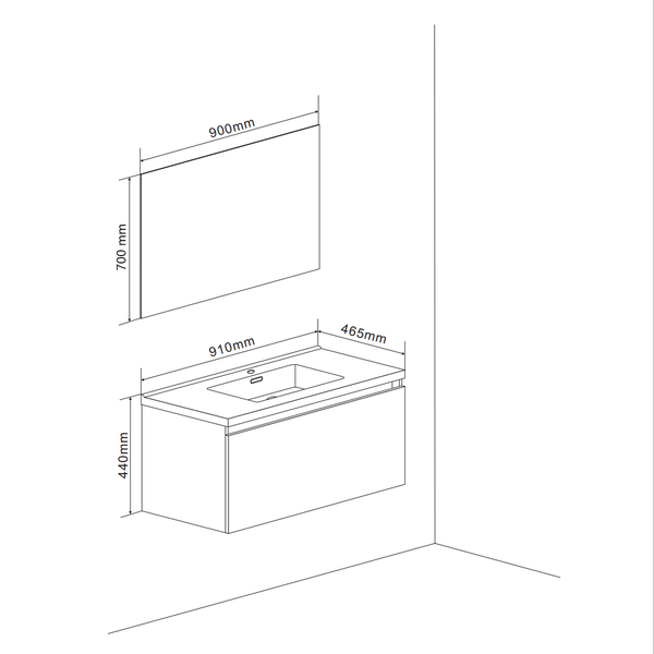 Technische Zeichnung eines Waschtischs mit Spiegel und Maßangaben