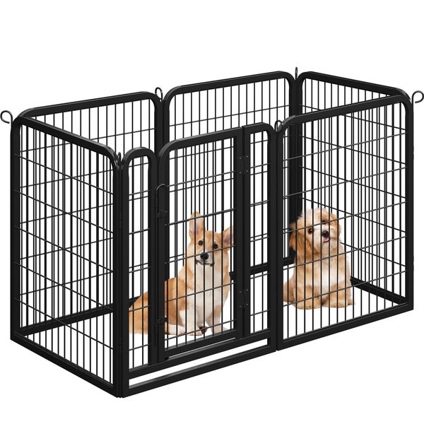 Schwarzes Hundegehege aus Metall mit zwei Hunden