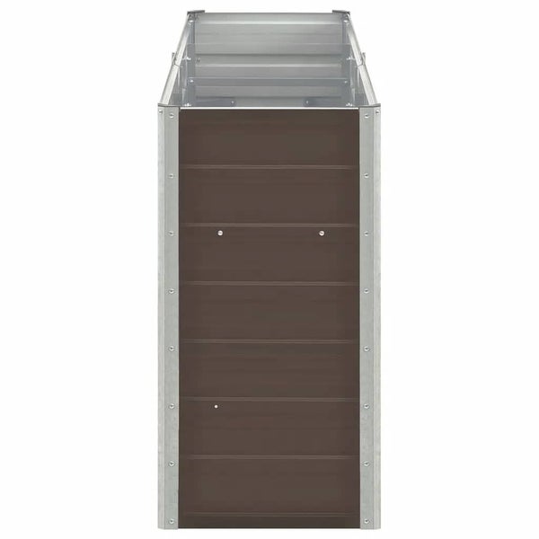 Schmales, hohes Hochbeet aus Metall mit horizontalen Lamellen.