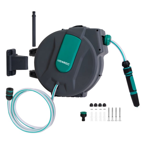 VONROC Schlauchtrommel Gartenschlauch als Schlauchaufroller 25 Meter - Wasserschlauch 180 drehbar als Schlauchbox inkl. Schlauchhalter Wand & Einzugautomatik - Grün