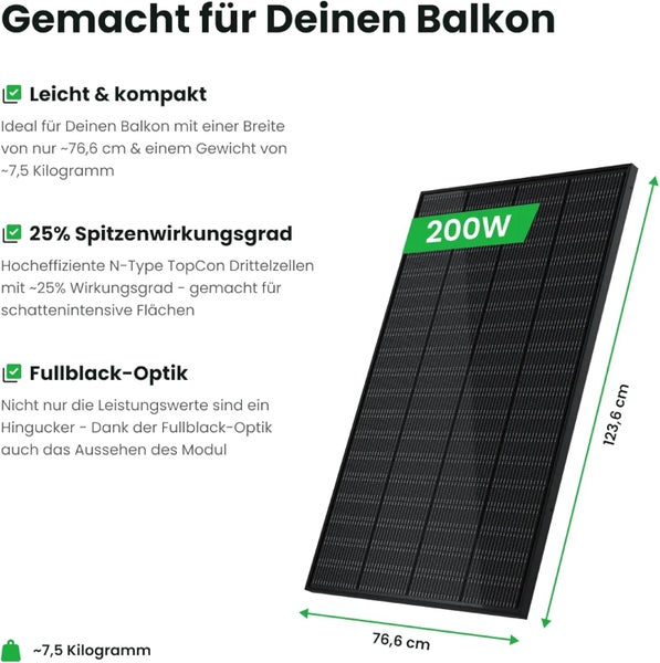 Balkonsolarmodul 200 Watt, Fullblack-Optik, circa 7,5 Kilogramm, Maße circa 76,6 mal 123,6 Zentimeter, 25 Prozent Wirkungsgrad.