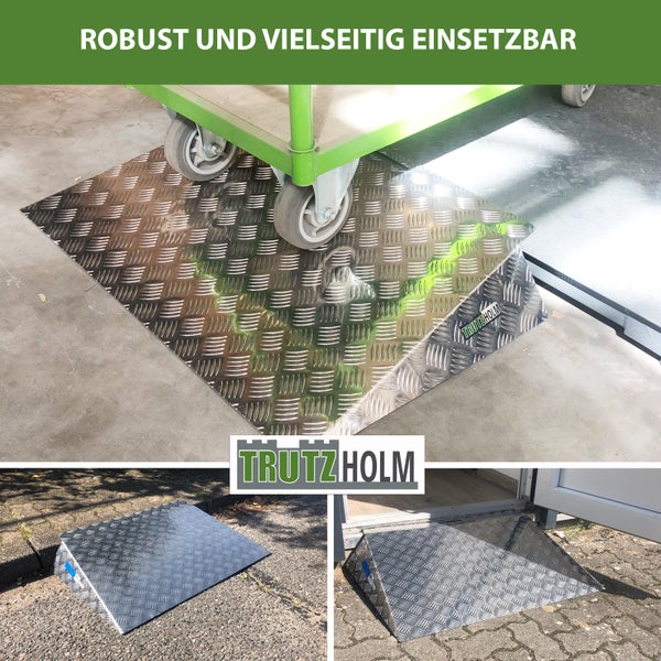 Tragbare Aluminiumrampe mit TrutzHolm Logo zur Überwindung von Höhenunterschieden