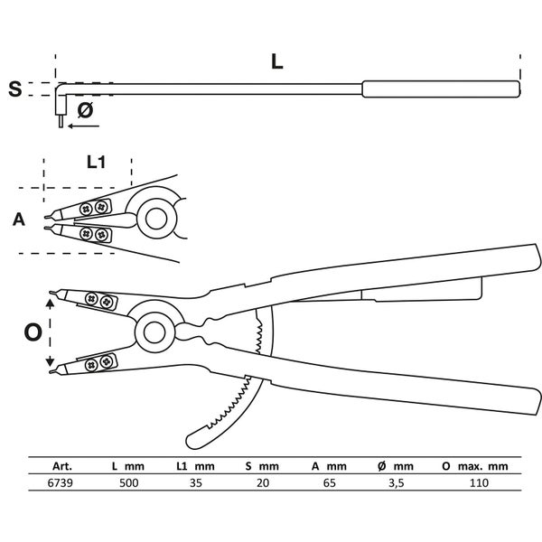 Technische Zeichnung einer Sprengringzange mit Maßangaben