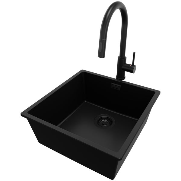 PRIMAGRAN Granitspüle Alles Schwarz 46x47cm, Spülbecken 1 Becken + Küchenarmatur 40x20cm + Ablauf-Set, Küchenspüle ab 50er Unterschrank - London Slim