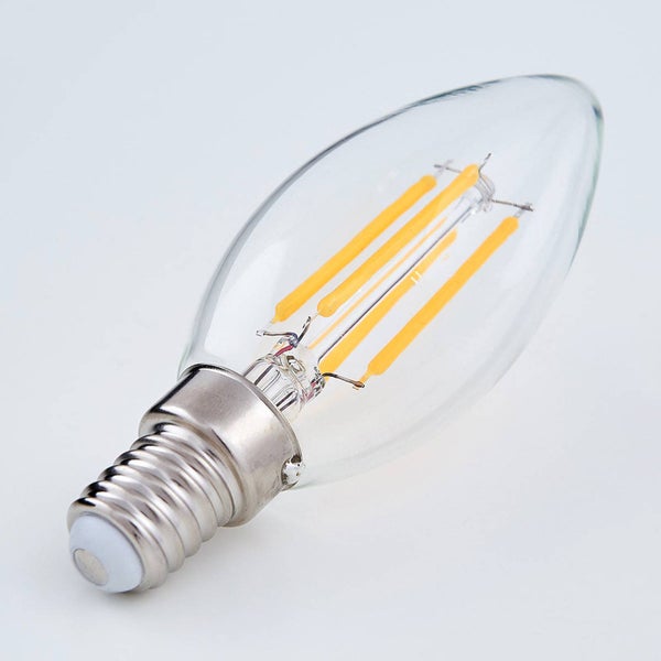 LED-Filament-Kerzenlampe mit E14-Sockel und klarem Glas.
