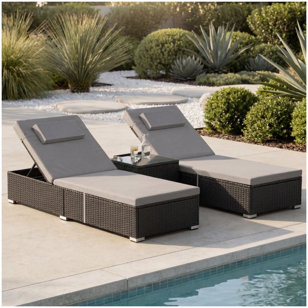 Zwei Polyrattan-Sonnenliegen mit verstellbaren Rückenlehnen und grauen Polstern neben einem Beistelltisch an einem Pool im Garten.