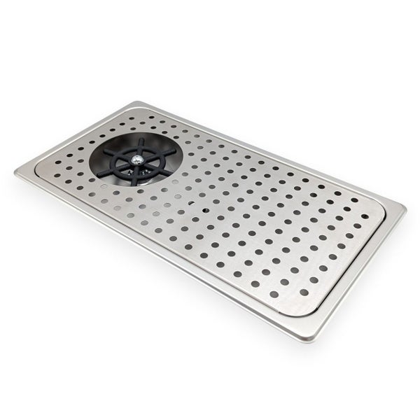 Rechteckiges Abtropfblech aus Edelstahl mit integriertem Gläserspüler für Bars oder Küchenspülen.