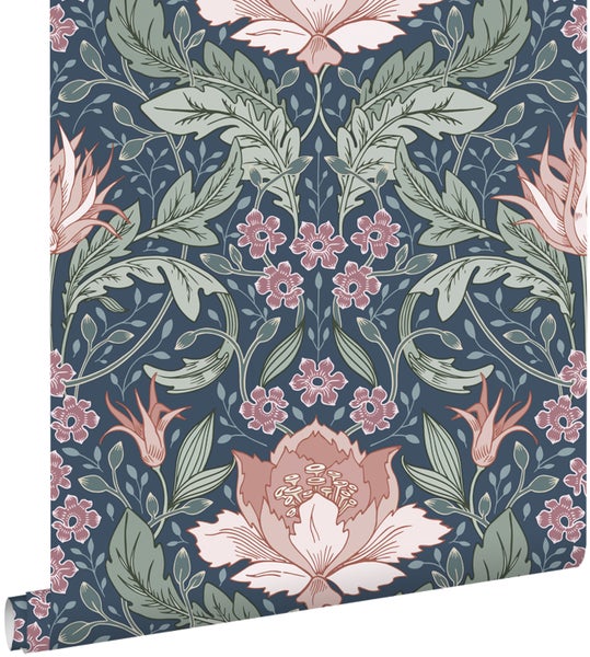 ESTAhome Tapete Blumenmuster im Jugendstil Blau, Grün und Terrakottarosa - 50 x 900 cm - 131083