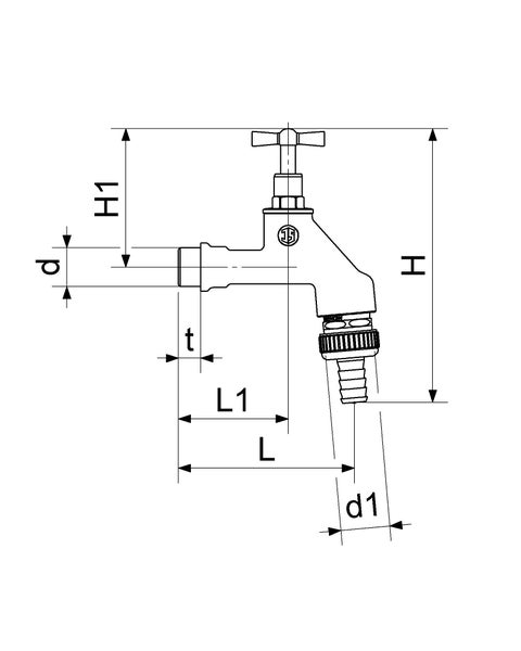 Technische Zeichnung eines Auslaufventils mit Maßangaben für Höhe, Länge und Durchmesser.