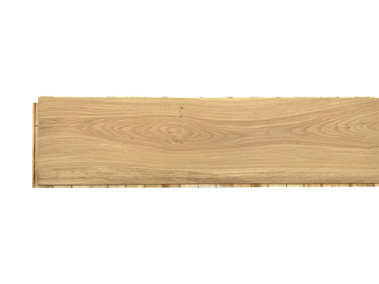 Landhausdiele Parkett Eiche mit natürlicher Holzmaserung und Astloch, Klick-Verbindung sichtbar.