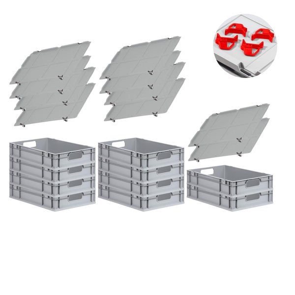 PROREGAL Spar Set 10x Eurobox Nextgen Economy Mit Auflagedeckel & 4x Schiebeschnappverschlüsse Rot Griffe Offen HxBxT 12 x 40 x 60 cm 23 Liter