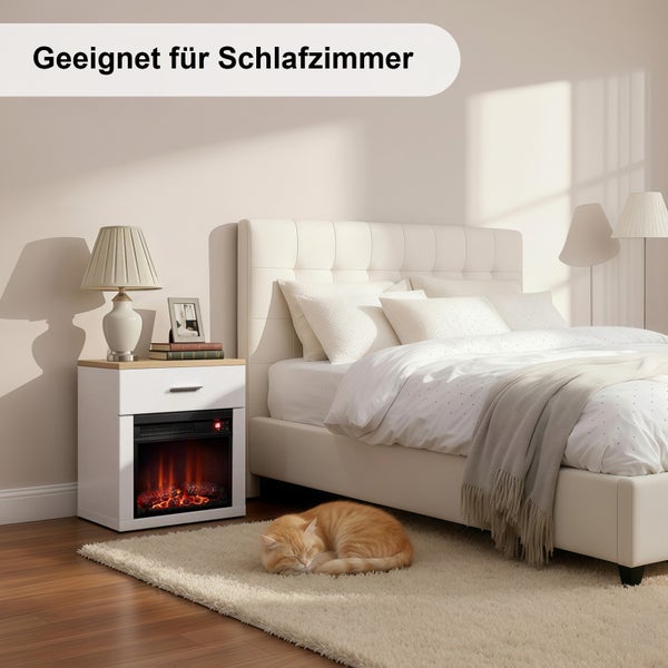 Schlafzimmer-Szene mit einem Kaminofen-Nachttisch und einer schlafenden Katze auf einem Teppich