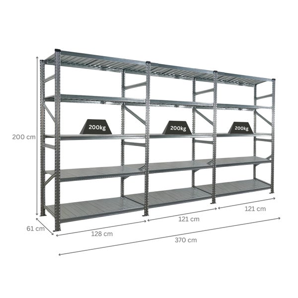 Metallregal mit vier Ebenen und den Maßen 370 x 61 x 200 cm